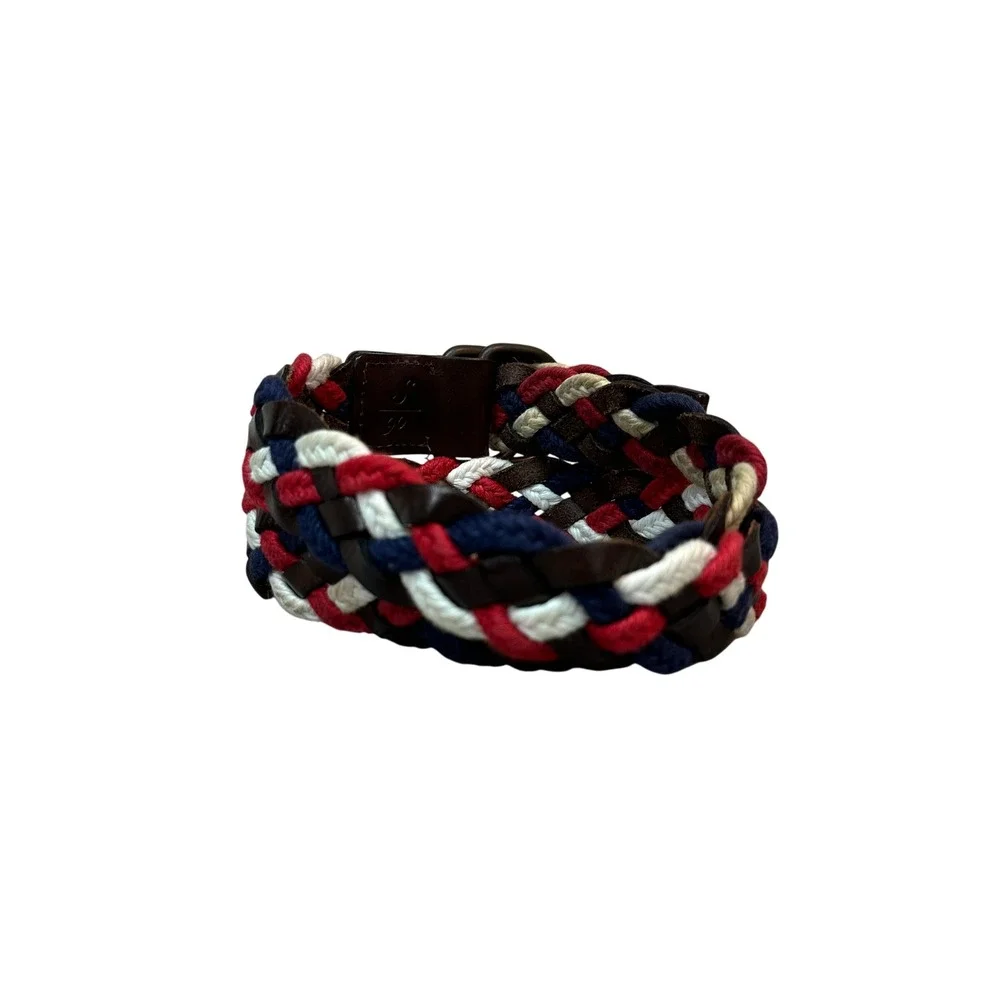 Franklin Marshall Braided Leather Textile Belt Brown Red Navy White D-Ring 40in